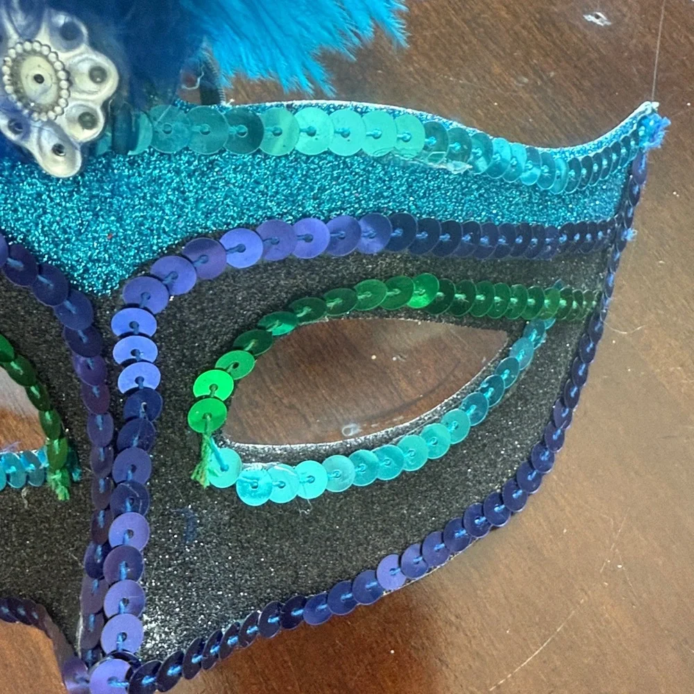 Colorful Feathered Masquerade Mask turquoise green cobalt blue sequined feathers